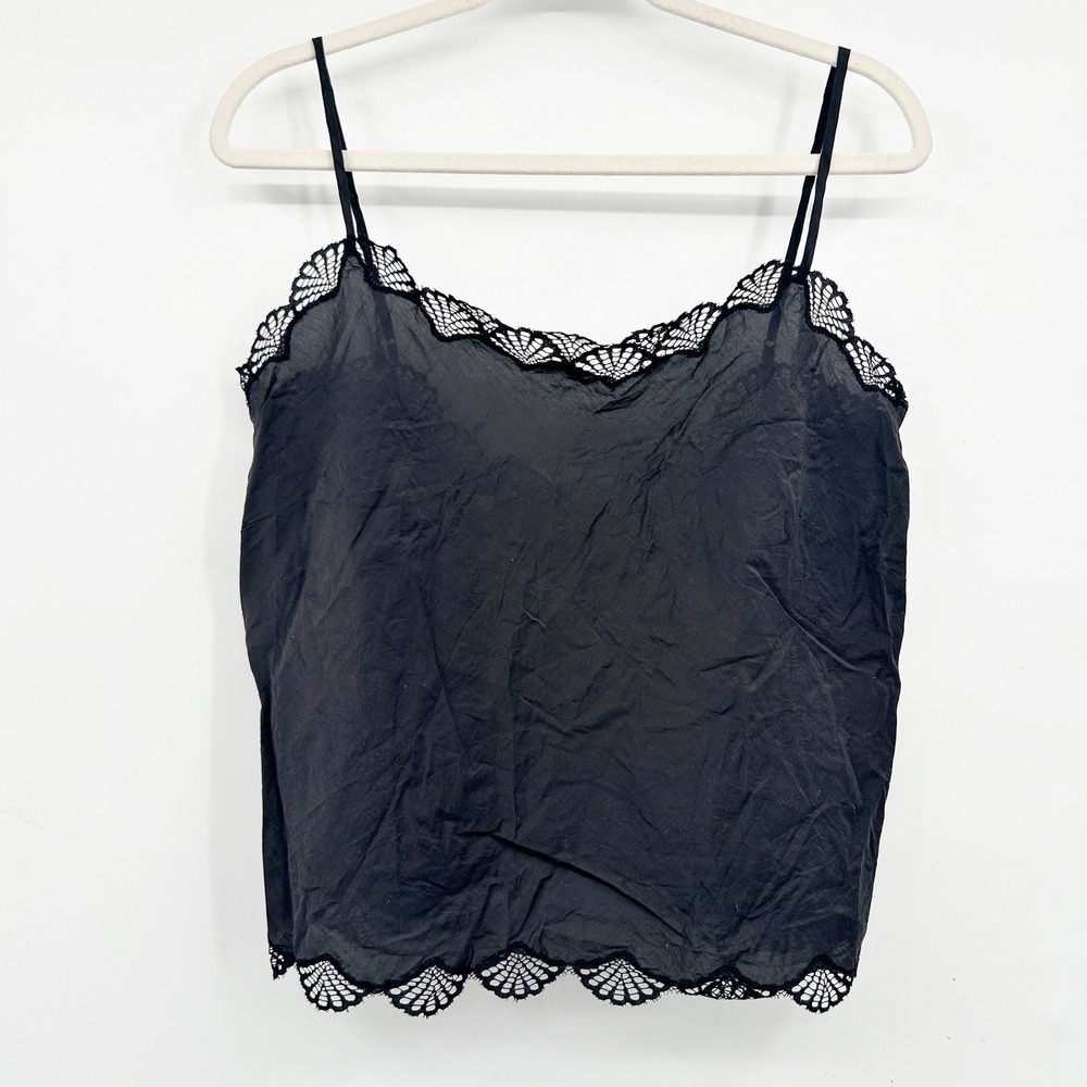 Natori Womens Black Cotton Silk Lace Trim Romantic Coquette Camisole Top Size L